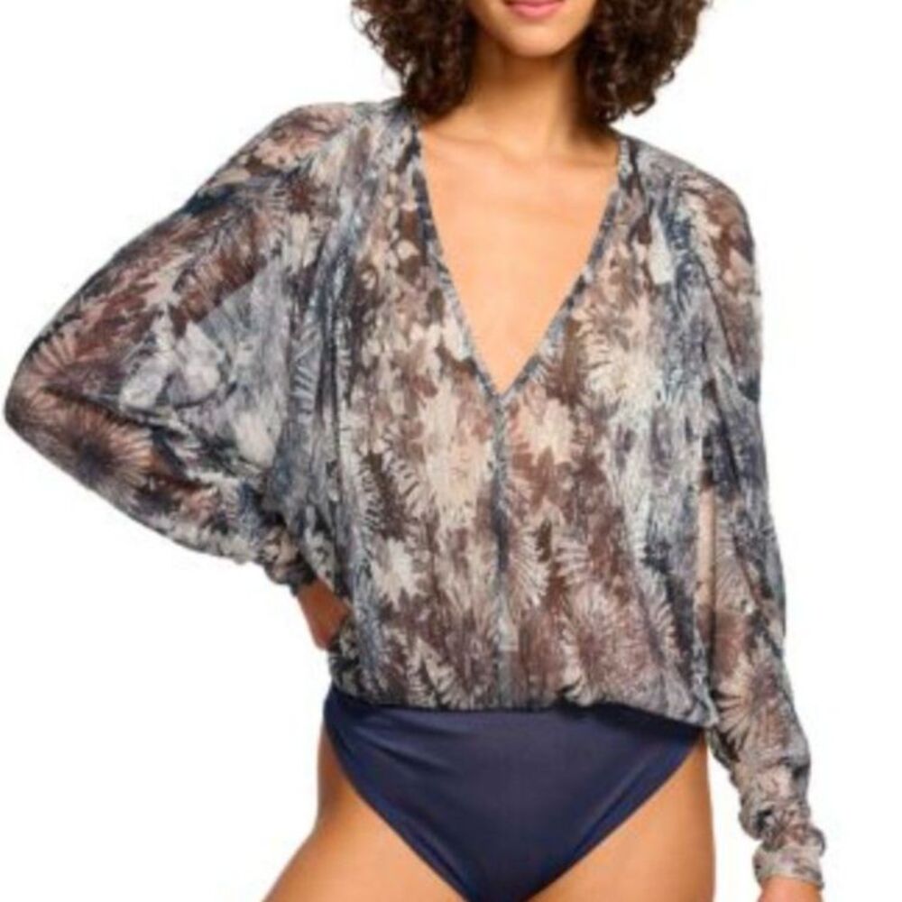 Ramy Brook Sheer Printed V-Neck Long Sleeve Bodysuit in Navy & Taupe